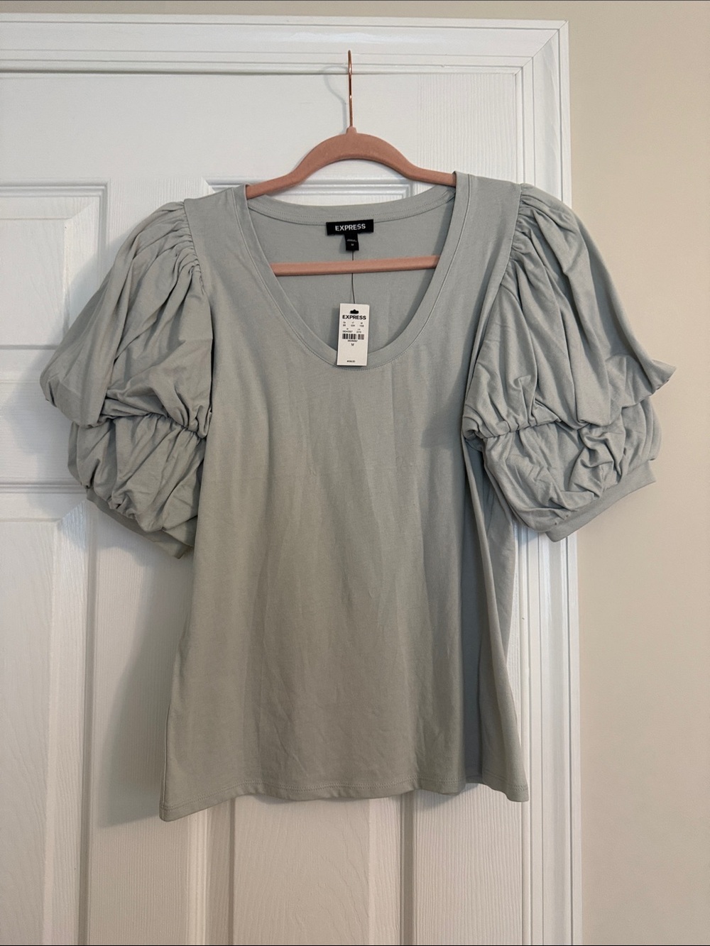 Express Women's Light Teal Puff Sleeve Scoop Neck Tee